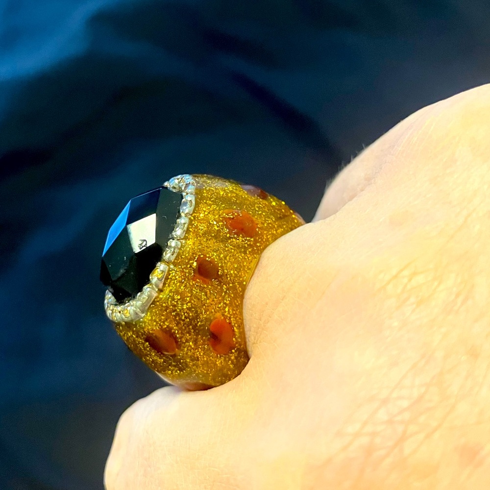 Very Unique Large Enamel Cocktail Ring With Black Stone